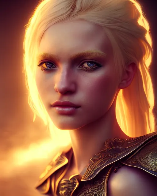 Image similar to Beautiful art portrait of a blond girl as a fantasy warrior in a bright temple, atmospheric lighting, intricate detail, cgsociety, hyperrealistic, octane render, RPG portrait, ambient light, dynamic lighting