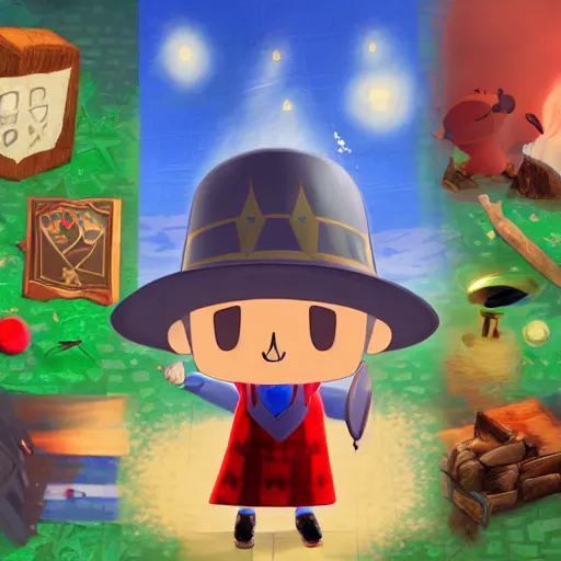 Prompt: A wizard, red hood, glowing blue eyes, Animal Crossing