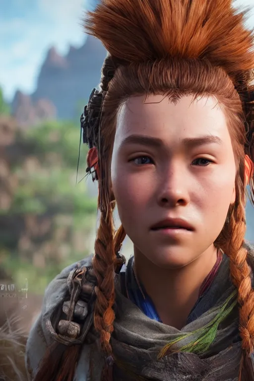 Prompt: aloy from horizon : forbidden west. photoreal, closeup portrait. most of her face is in shadow. shallow depth of field field.