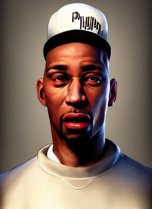 Image similar to a 3 d rendered portrait of an 9 0's era hiphop artist by artist hadi karimi, wlop, artgerm, greg rutkowski, serious expression, dramatic lowkey studio lighting, accurate skin textures, octane renderer, hyperrealism, zbrush, cgsociety, aesthetically pleasing and harmonious vinatge colors