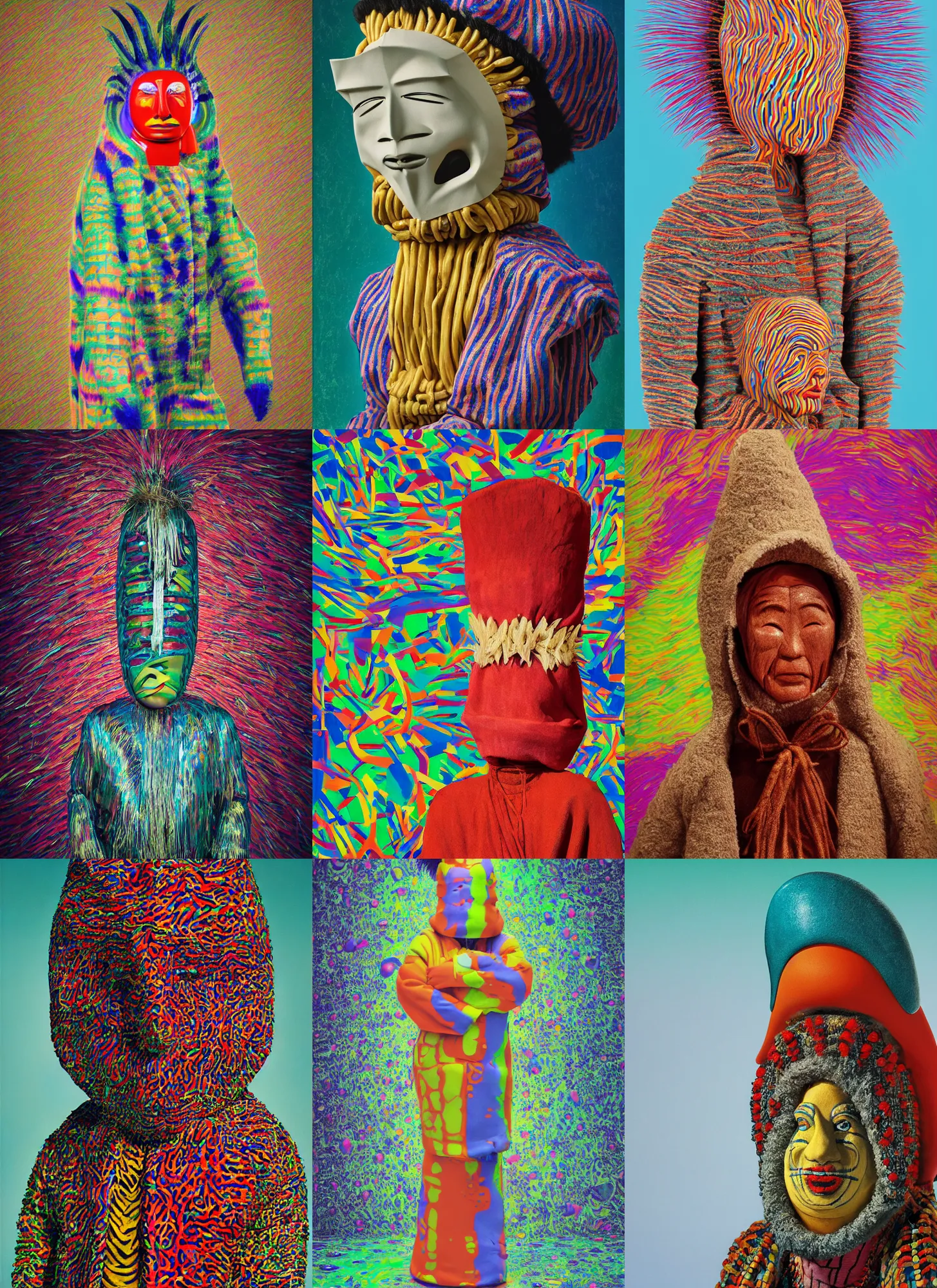 Prompt: a surrealist portrait of a Selk'nam with a Capirote, by Al Feldstein , Yayoi Kusama , Lisa Frank , studio ghibli, plasticine, art toy, Award winning photo, iridiscense, german experssionism, Houdini algorithmic generative render, Accurate and detailed, sharp focus, octane render 8k , zoom out,