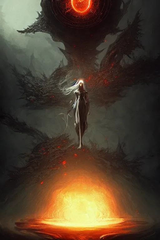 Prompt: Black Orb of Fire, digital art, fantasy, magic, trending on artstation, illustration by Seb McKinnon and Peter Mohrbacher, ultra detailed, atmospheric, powerful presence, bossfight, darksouls, grand finale, explosive entrance, final battle, cutscene, cinematic lighting, beautiful goddess