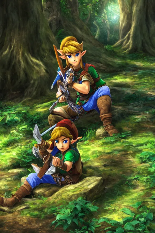 Image similar to close - up portrait of link sitting in woods of hyrule playing ocarina, ultra detailed, hdr, photorealism, cinematic scene, beautiful light