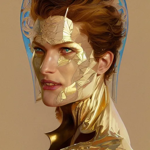 Image similar to Sandman with a gold suit, portrait, intricate, elegant, highly detailed, digital painting, artstation, concept art, smooth, sharp focus, illustration, art by artgerm and greg rutkowski and alphonse mucha