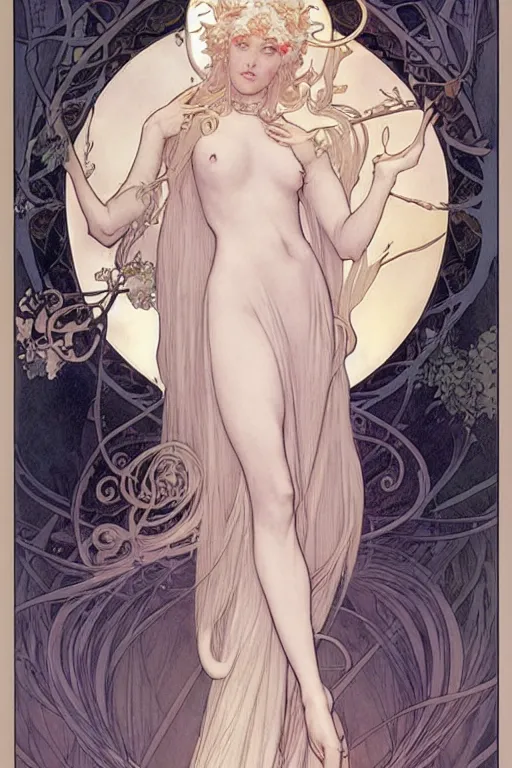 Prompt: Character design of a pure white witch from the Garden of Eden by mucha and range murata