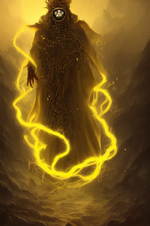 Prompt: A full body portrait of a mysterious character with no face with a very long hooded yellow cloak, a golden crown floating above his head, tentacles coming out the ground art by Jason Chan, ominous, cosmic horror, trending on artstation, Ultra detailed, hyper realistic 4k