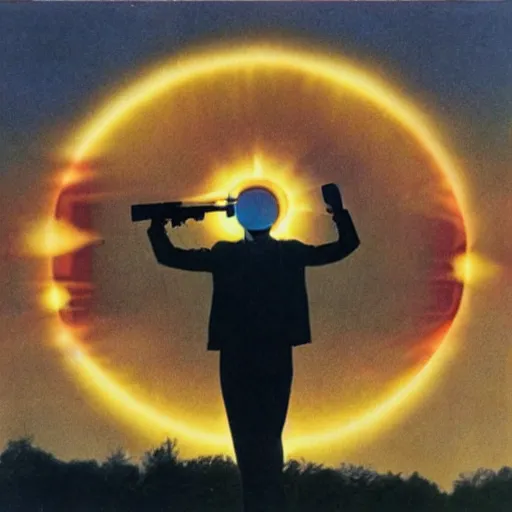 Prompt: a man with a pistol, shooting the sun out of the sky, surreal