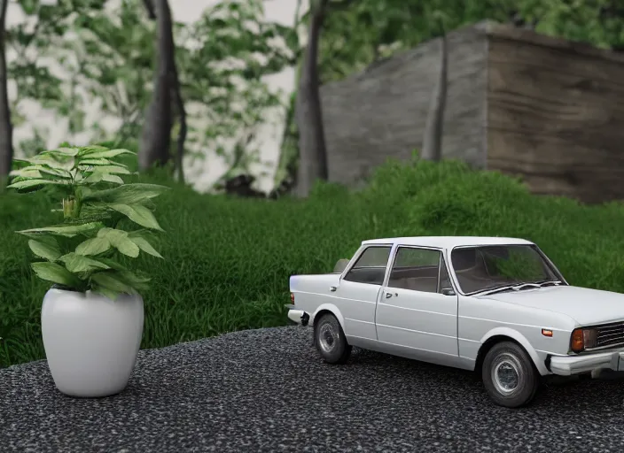 Image similar to a small miniature of a Ford Cortina 1980 on a white table near a book and a vase with a plant, 3d render, octane render, unreal engine 5, path tracing, serene landscape, calm, relaxing, beautiful landscape, highly detailed, high quality, 4k, symmetrical, low contrast