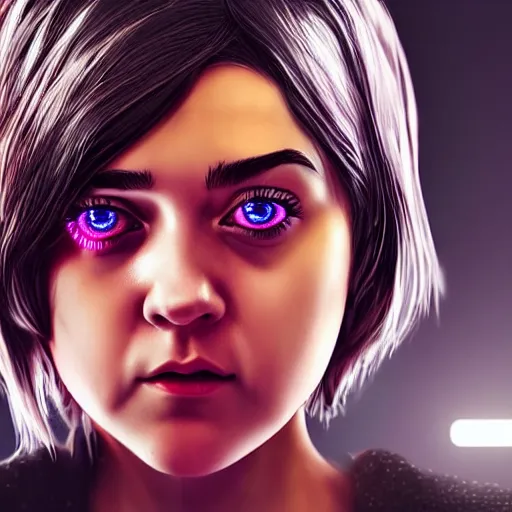 Image similar to Maisie Williams, neon glowing veins on face, cyberpunk background, straight hairstyle, white eyes, blonde hair, realistic render, short hair, unreal engine render, Icaro Carvalho