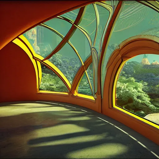 Prompt: alien interior with arched windows, inspired by Frank Lloyd Wright, natural sunlight, bright colors, romantic greenery, cinematic, lofi, calming, dramatic, fantasy, by Moebius, by zdzisław beksiński, cyberpunk LUT, high contrast, epic composition, sci-fi, dreamlike, surreal, angelic, 8k, unreal engine, hyper realistic, fantasy concept art,