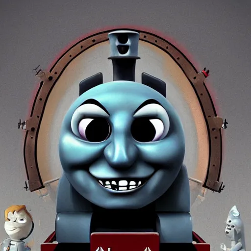 Prompt: gloomy and frightening creepy smiling thomas the engine goes straight to hell, artstation