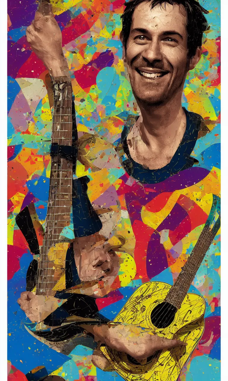 Image similar to random smiling funny guy with guitar, pop art, aesthetic art, 8 k, asymmetrical, high details, digital painting, concept art, smooth, beautiful, full body perfect, sharp focus, illustration, intricate, art by arstation and mimmo rotella, pixels art by paul robertson