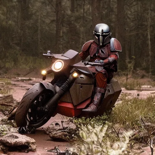 Prompt: mandalorian riding speeder bike through swamp, eerie, emotional, stunning cinematography, light diffusion