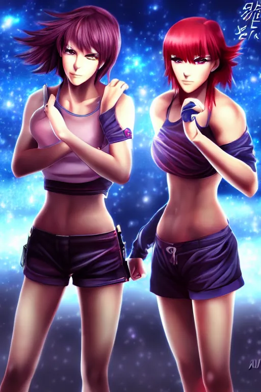 Prompt: two beautiful identical female fighters facing each, dim lighting, gorgeous features, high resolution, detailed digital anime art