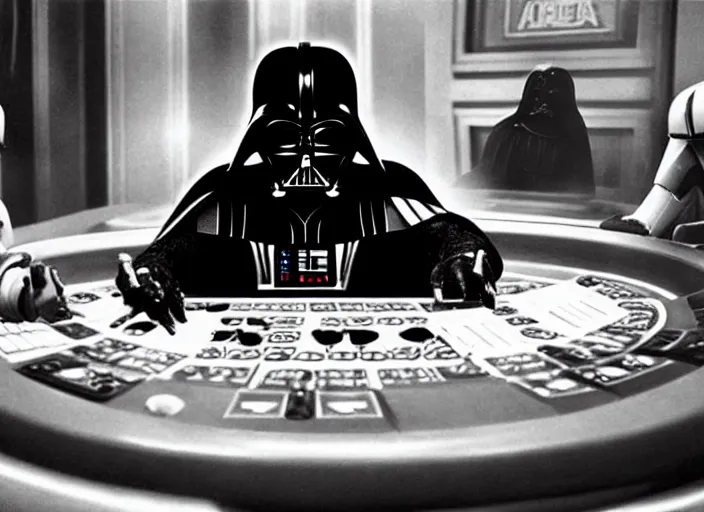 Image similar to film still of Darth Vader gambling in vegas in Star Wars The Empire Strikes Back,