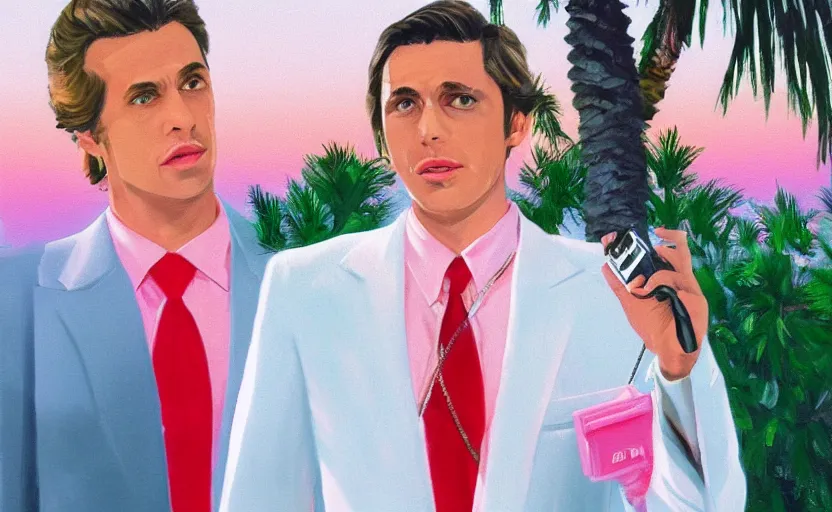 Prompt: photorealistic closeup on a yuppie with white suits and aviation glassen talking in a 8 0's cellphone. 8 0's style. palm trees and pink sky in the background. art by krzysztof tanajewski