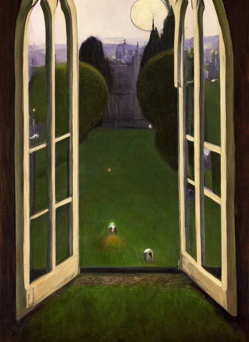 Prompt: the view from inside the castle window to the medium height green grass maze, labyrinth, moon light, moonlit, night, by john ward, by levitan, by arthur walker, oil on canvas, acrylic, royal academy, masterpiece, trending on artstation, cinematic composition, dramatic pose, beautiful lighting, sharp, details, hyper - detailed, hd