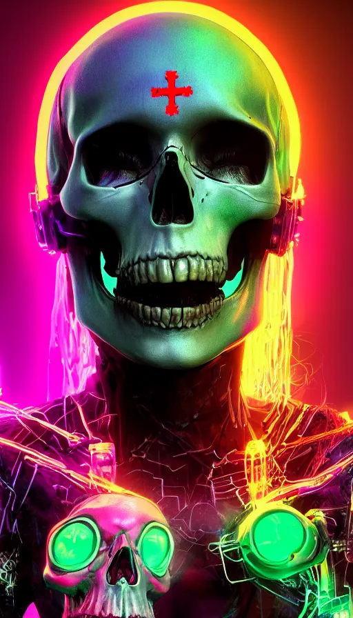 Image similar to a colorful skull with a cross on it's forehead, cyberpunk art by stanley twardowicz, cgsociety, computer art, neon, wallpaper, glowing neon, a woman wearing a silver dress and a silver mask, cyberpunk art by zhou fang, cgsociety, computer art, daz 3 d, zbrush, rendered in maya