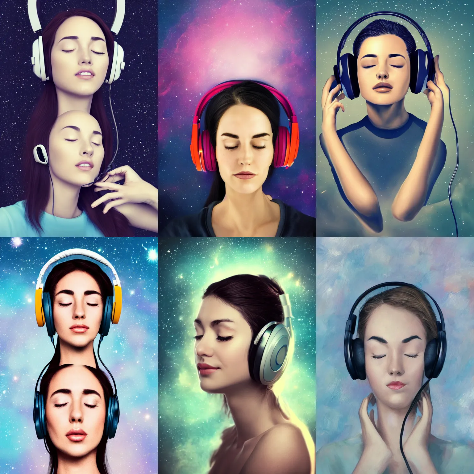 Prompt: beautiful woman with eyes closed wearing headphones in space, portrait, trending on artstation,