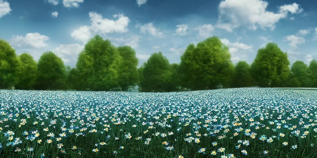 Image similar to field of light - blue daisies, white sky in background, matte painting