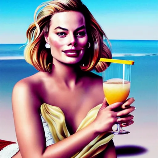 Image similar to a portrait of margot robbie holding a coctail on the beach, beautiful face, highly detailed, digital art