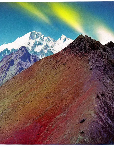 Prompt: vintage color photo of Cordillera De Los Andes covered in multicolor fluid reflecting light, 8k definition