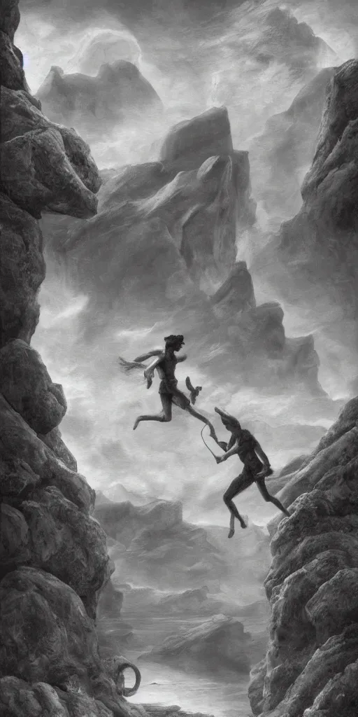 Image similar to The Fool tarot illustration, matte painting, black and white, small dog chasing after him, cliffs