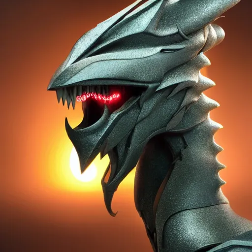 Image similar to stunning shot of a beautiful anthropomorphic robot female dragon, with smooth and streamlined armor, posing elegantly, well detailed dragon head with epic detailed LED eyes, warm maw, sharp and dangerous sleek design, two arms, beautiful digital art, artstation, DeviantArt, FurAffinity, professional, depth of field, close-up, hd, octane render, sunset lighting