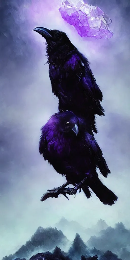 Image similar to portrait of a beautiful raven perched on purple crystals that are glowing in a misty valley, establishing shot, extremly high detail, foto realistic, cinematic lighting, by yoshitaka amano, ruan jia, kentaro miura, artgerm, post processed, concept art, artstation, raphael lacoste, alex ross