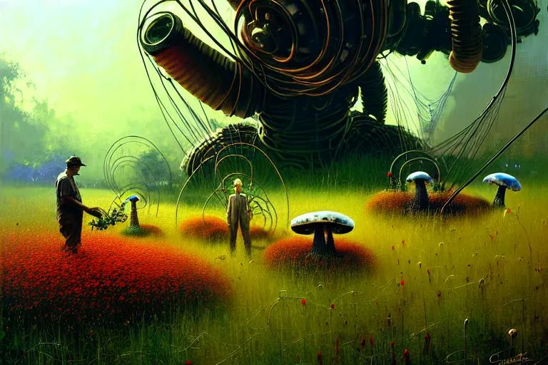 Prompt: surreal painting by craig mullins and greg rutkowski | garden flowers + poison mushrooms surrounded by cables + long grass + garden dwarfs repairing giant mechanical mosquito, 7 0's vintage sci - fi style, cinematic