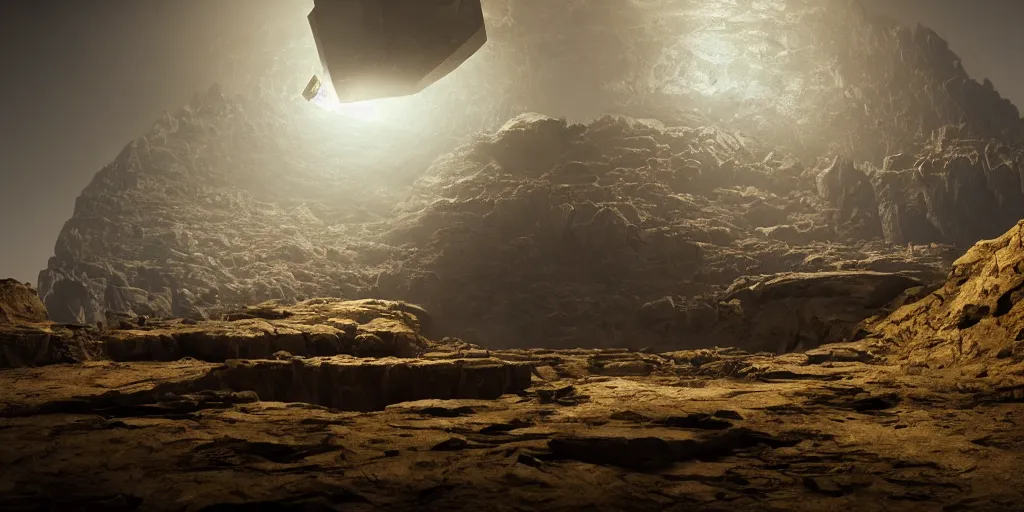 Image similar to discovery of a highly advanced underground civilization made of metal with minimal lighting in the style of thomas cole, cinematic lighting, raytracing, 8 k, octane render, volumetric, vivid, beautiful, hyperrealism