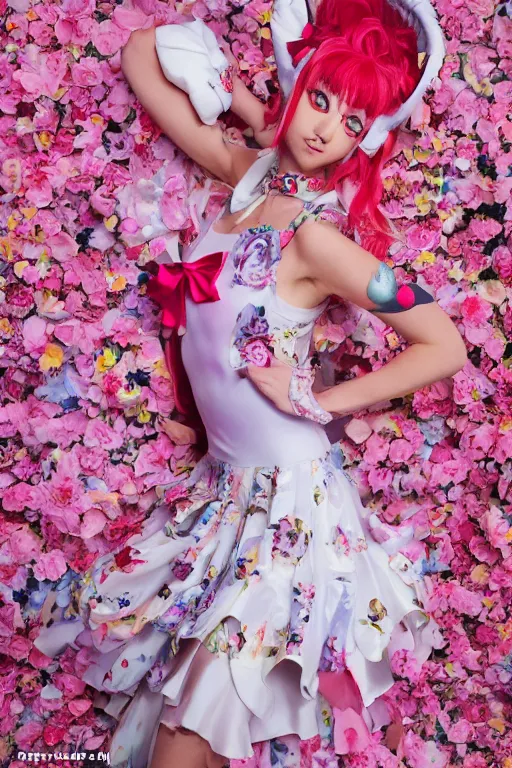 Image similar to sailor moon wearing floral valentino ss 2 0 1 5 cosplay, fashion photography