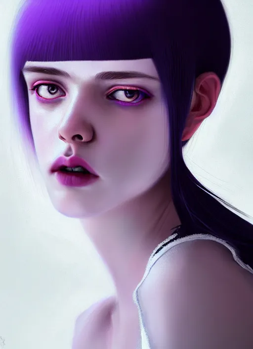 Image similar to hair whitebangs hair, black hair, whitebangs, portrait of teenage girl with white bangs, red irises, purple clothes, white bangs, bangs are different color from hair, intricate, elegant, glowing lights, highly detailed, digital painting, artstation, concept art, smooth, sharp focus, illustration, art by wlop, mars ravelo and greg rutkowski