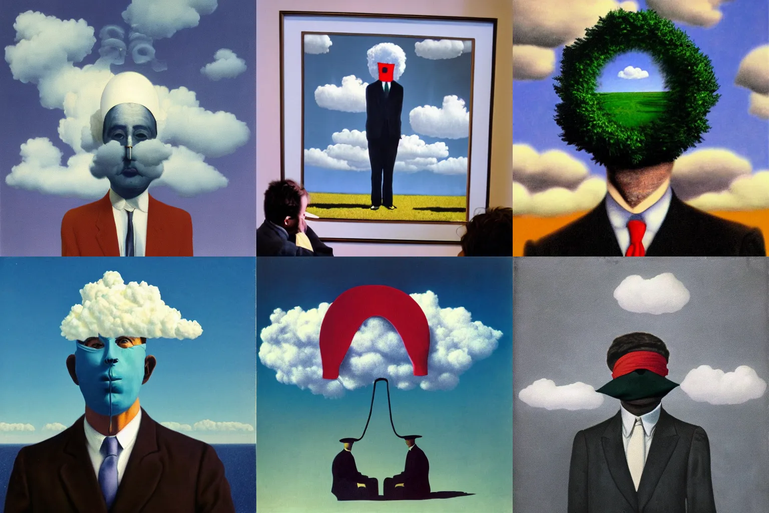 Prompt: surrealist man with blindfold magritte style clouds