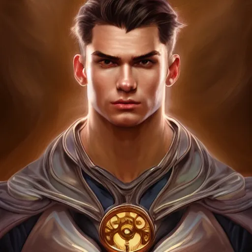 Prompt: character concept, portrait, symmetrical head - on centralized, young man with strong body. detailed, high quality, dynamic lightning, fantasy, scenematic. artwork by artgerm, wlop, alex ross, greg rutknowski, alphonse mucha