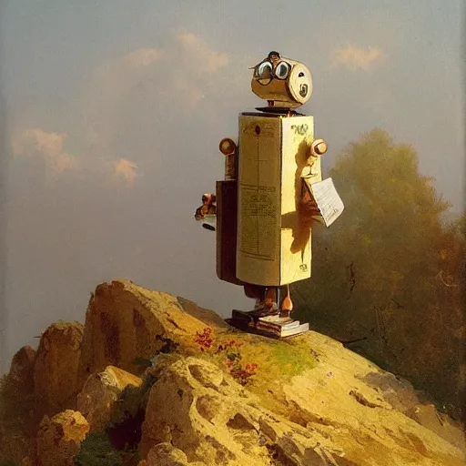 Image similar to a gorgeous Carl Spitzweg painting of a robot standing on a rocky hill reading a book, artstation