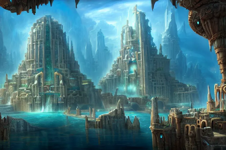 Image similar to a beautiful complex insanely detailed matte painting of the magical city of Atlantis by Tyler Edlin, 4k, trending on artstation