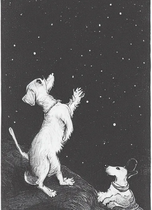 Prompt: candid portrait of jack russel dog howling, night sky, highly detailed, side view, illustrated by peggy fortnum and beatrix potter and sir john tenniel