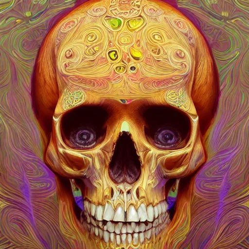 Image similar to An extremely psychedelic portrait of a skull, surreal, LSD, face, detailed, intricate, elegant, lithe, highly detailed, digital painting, artstation, concept art, smooth, sharp focus, illustration