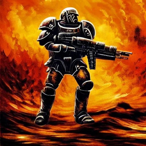 Image similar to heavy armor soldier wearing space marine like armor but in real life, walking in a river of blood full of human bloody dead bodies and human parts, shooting with his gun, explosions in background, painting style