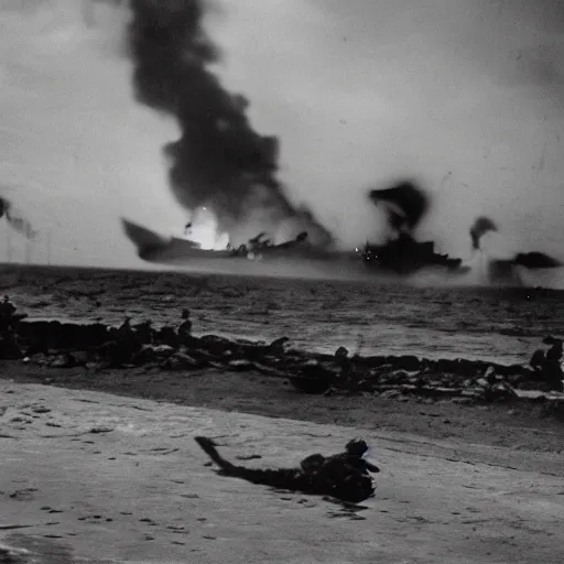 Prompt: photo of d-day, world war 2, Godzilla in distance, war, cinematic, gritty, grainy