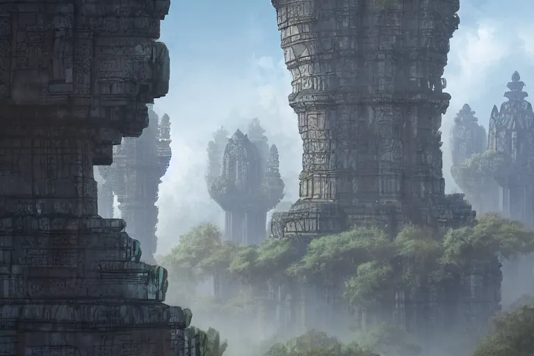 Image similar to brutalist futuristic angkor - styled structures in a primordial valley by jessica rossier