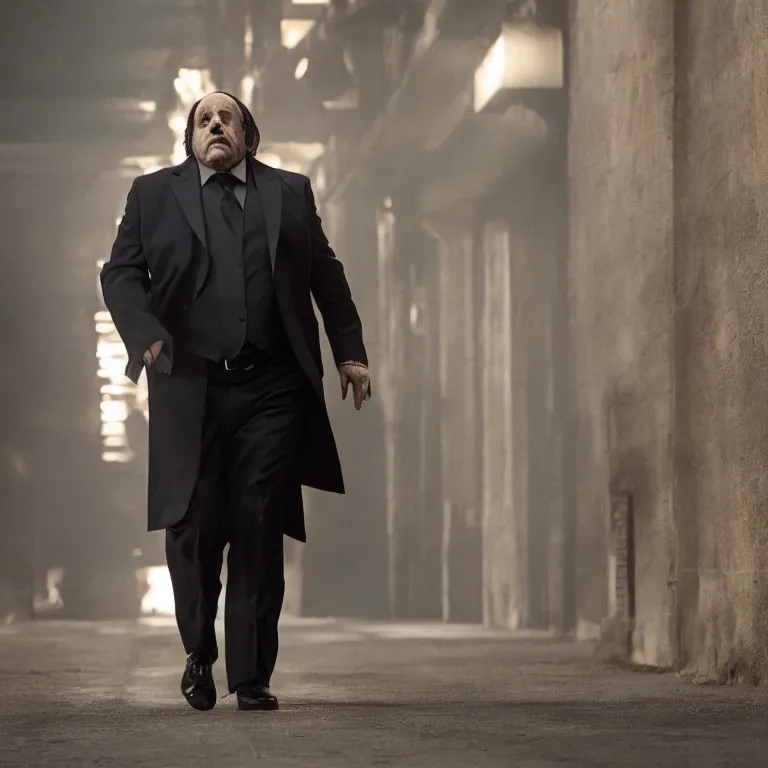 Image similar to Danny DeVito as John Wick , cinematic lighting, photorealistic image, 8k, ultra detailed, high resolution,