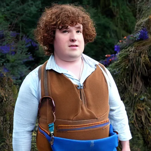 Prompt: (pudgy) british lad with short curly dark brown hair as a hobbit wearing a white men's crossbody sling chest bag and blue vest