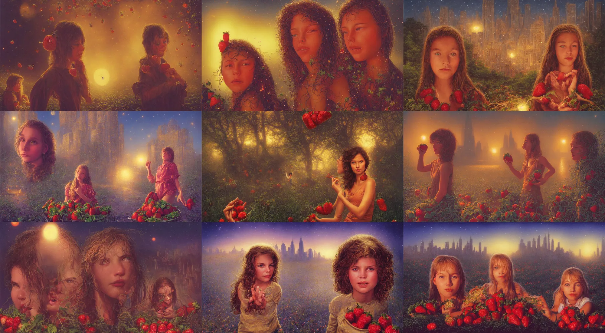 Prompt: face portrait young girl, night fireflies, foggy city in background, strawberries, golden hour, 1 9 8 0, greg hildebrandt, ralph horsley, john howe, victor nizovtsev, steve argyle, mark arian, karol bak, daniel f. gerhartz, mary jane ansell