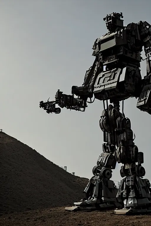 Image similar to cinematography of giant Mech on Santa Monica peer By Emmanuel Lubezki