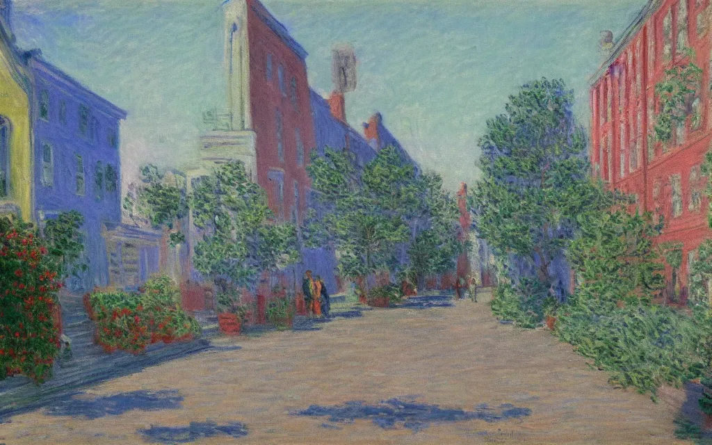 Prompt: photograph of guernsey street in greenpoint brooklyn, oil painting by monet, pastel color palette