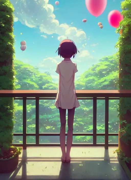 Image similar to girl stand in the a balcony where plants and flowers all around, she is watching a lot of balloons flying over, epic perspective, illustration concept art anime key visual trending pixiv fanbox by wlop and greg rutkowski and makoto shinkai and studio ghibli