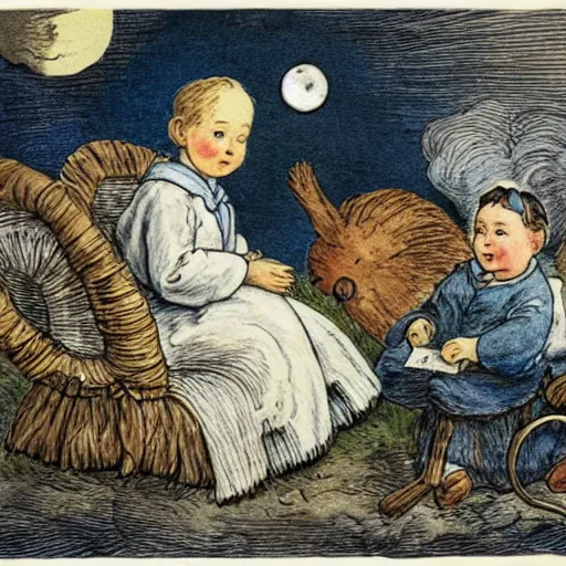 Image similar to celestial talking moon candid portrait, surrounded by clouds, illustrated by peggy fortnum and beatrix potter and sir john tenniel