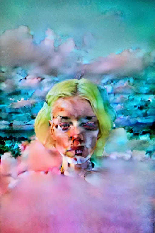 Image similar to high quality pastel coloured film close up wide angle photograph of a model wearing clothing swimming on cloud furniture in a icelandic black rock!! environment in a partially haze filled dreamstate world. three point light, rainbow. photographic production. art directed. pastel colours. volumetric clouds. pastel gradient overlay. waves glitch artefacts. extreme facial clarity. 8 k. filmic.